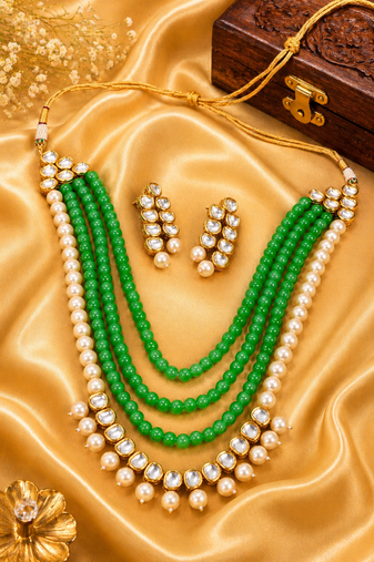 Wedding Wear Pearl Beaded Kundan Necklace Set