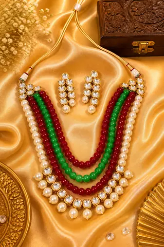 Ethnic Pearl Beaded Kundan Layered Necklace Set