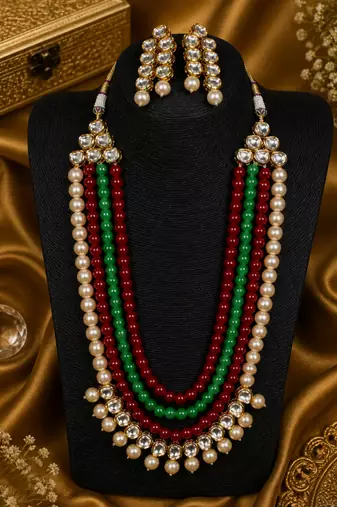 Ethnic Pearl Beaded Kundan Layered Necklace Set