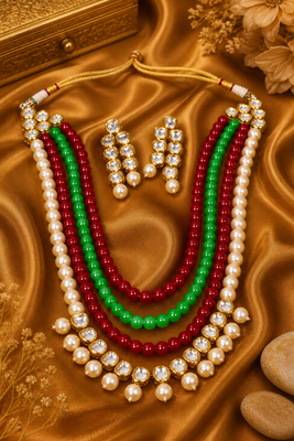 Ethnic Pearl Beaded Kundan Layered Necklace Set 3