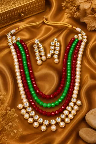 Ethnic Pearl Beaded Kundan Layered Necklace Set