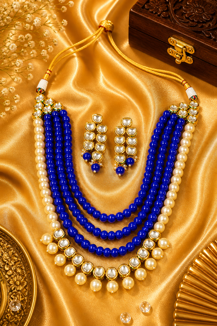 Party Wear Multi Layer Pearl Kundan Necklace Set