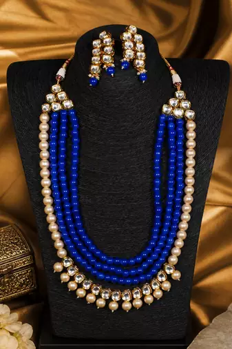 Party Wear Multi Layer Pearl Kundan Necklace Set