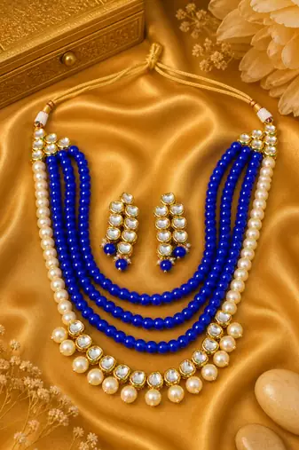 Party Wear Multi Layer Pearl Kundan Necklace Set