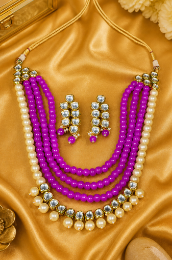 Royal Multi Layer Pearl Beaded Kundan Necklace Set