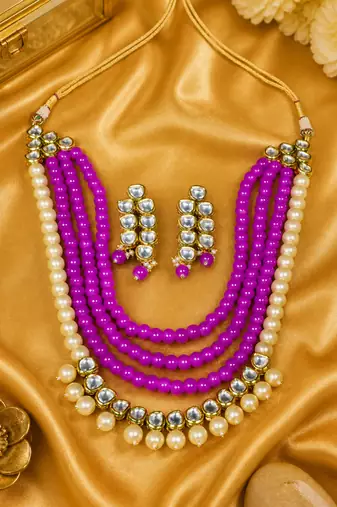 Royal Multi Layer Pearl Beaded Kundan Necklace Set