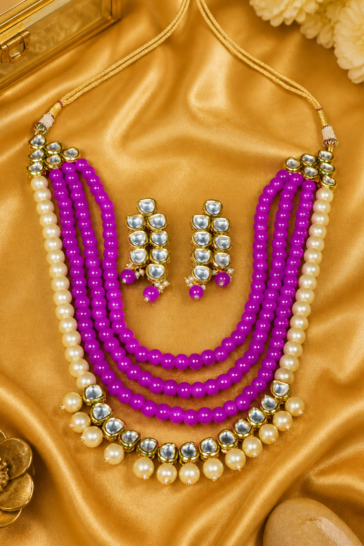 Royal Multi Layer Pearl Beaded Kundan Necklace Set