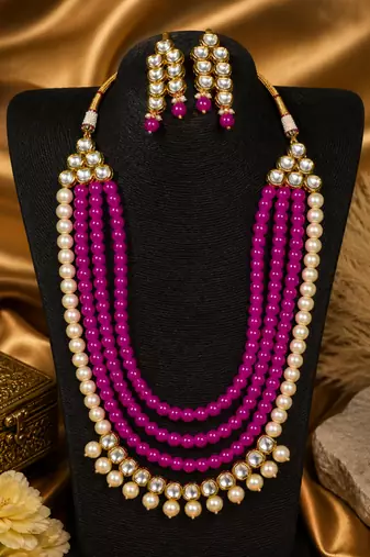 Royal Multi Layer Pearl Beaded Kundan Necklace Set