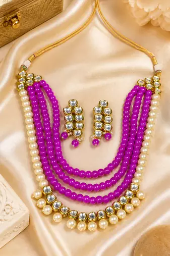 Royal Multi Layer Pearl Beaded Kundan Necklace Set