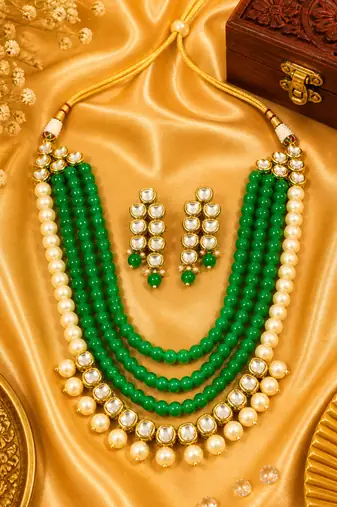 Elegant Multi Layer Pearl Beaded Kundan Jewelry Set
