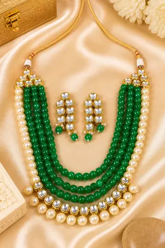 Elegant Multi Layer Pearl Beaded Kundan Jewelry Set