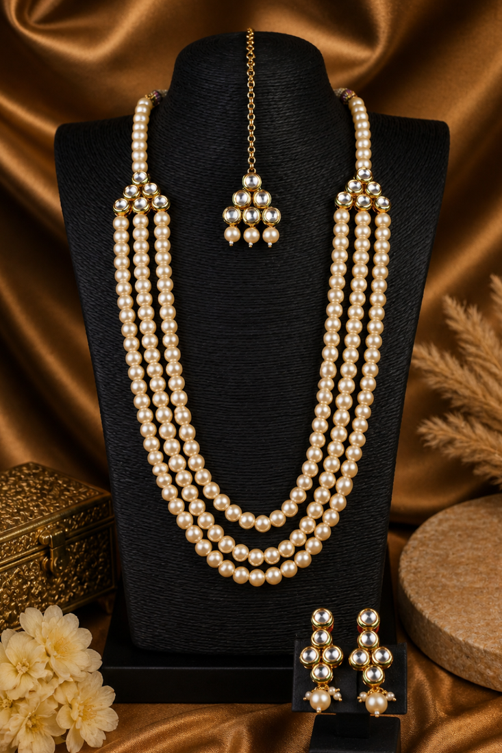 Multi layer pearl beaded kundan gold plated necklace set