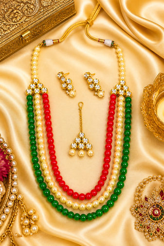 Gold Plated Multi Layer Pearl Beaded Kundan Necklace Set