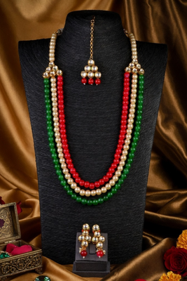 Gold Plated Multi Layer Pearl Beaded Kundan Necklace Set 2