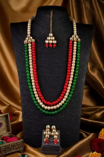 Gold Plated Multi Layer Pearl Beaded Kundan Necklace Set