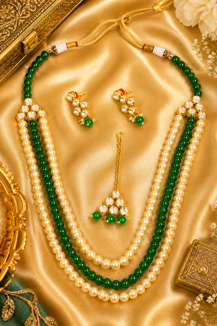 Traditional Multi Layer Pearl Beaded Kundan Necklace Set