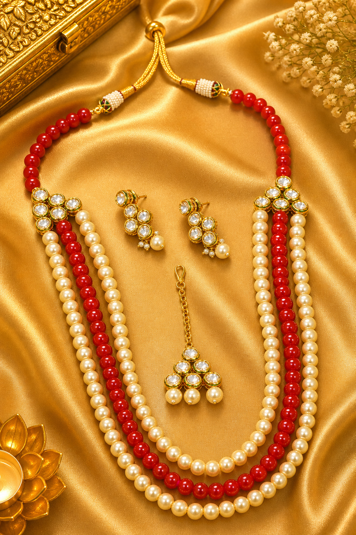 Multi Layer Pearl Beaded Kundan Ethnic Necklace Set