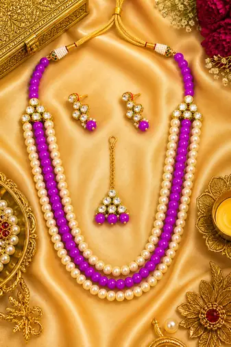 Ethnic Multi Layer Pearl Beaded Kundan Necklace Set for Women