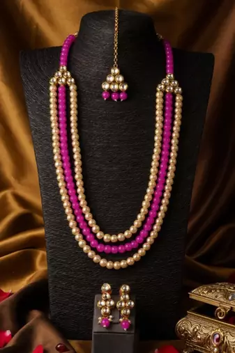 Ethnic Multi Layer Pearl Beaded Kundan Necklace Set for Women