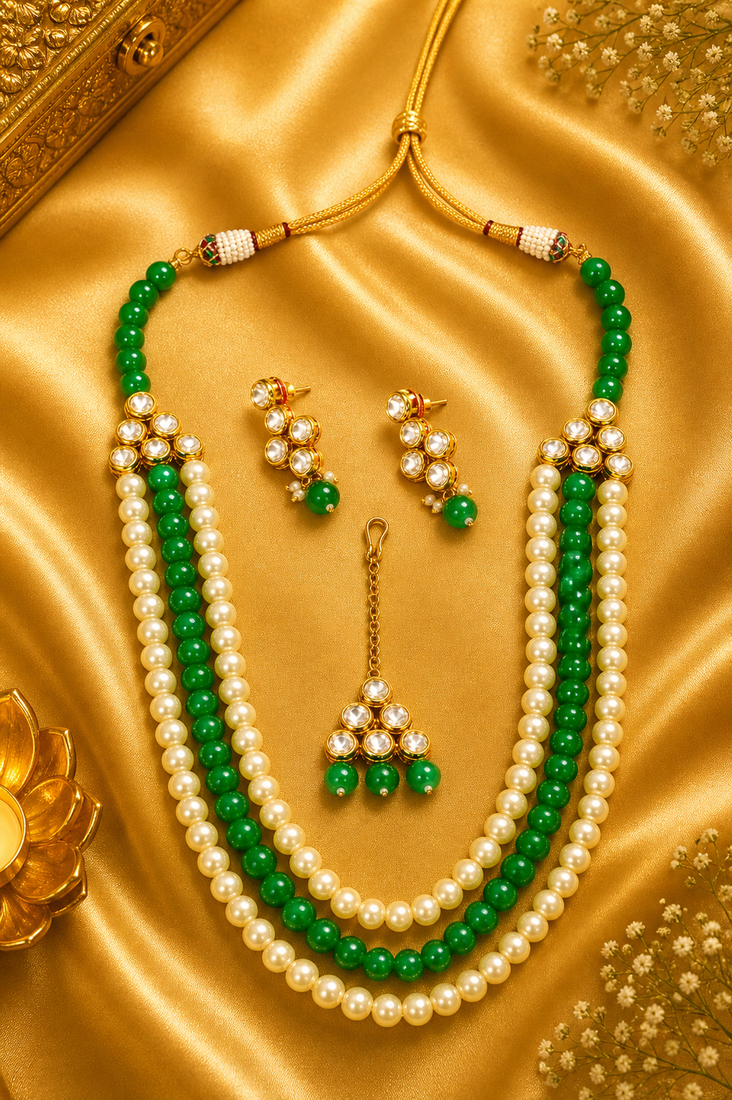 Party Wear Multi Layer Pearl Beaded Kundan Necklace Set