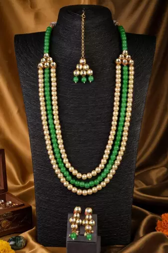 Party Wear Multi Layer Pearl Beaded Kundan Necklace Set