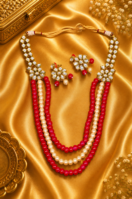 Designer multi layer pearl beaded kundan ethnic necklace set 1
