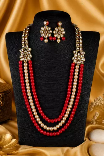 Designer multi layer pearl beaded kundan ethnic necklace set