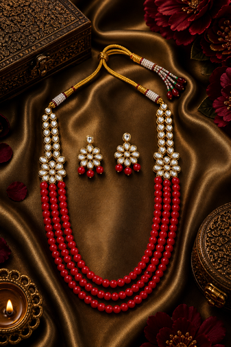 Traditional Indian Multi Layer Pearl Beaded Kundan Necklace Set