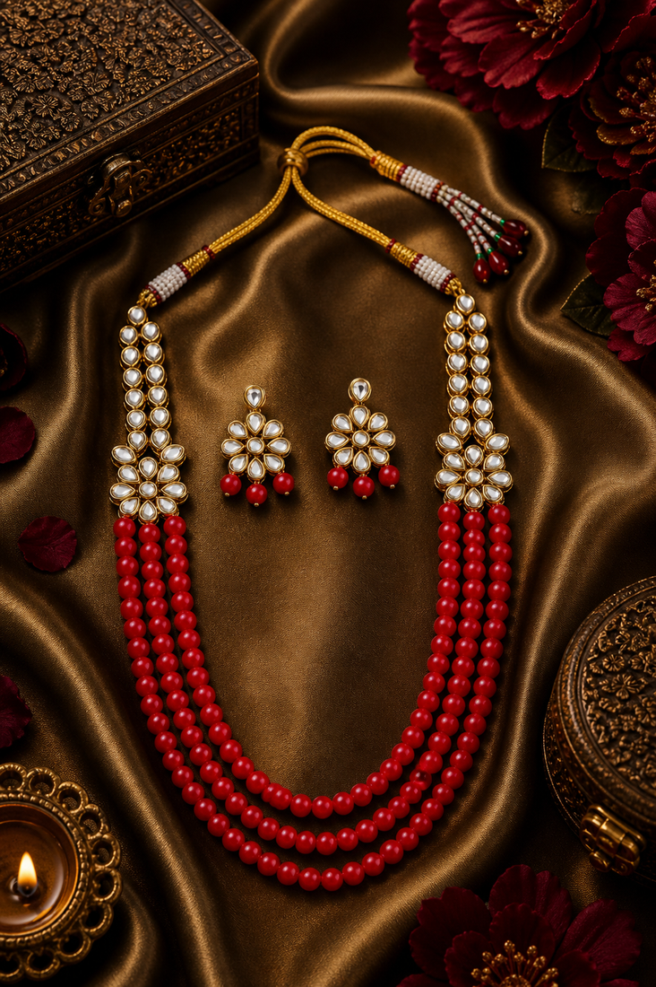 Traditional Indian Multi Layer Pearl Beaded Kundan Necklace Set