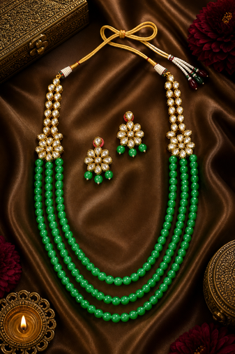 Multi Layer Kundan Pearl Beaded Gold Plated Necklace Set