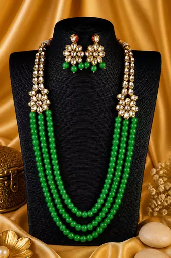 Multi Layer Kundan Pearl Beaded Gold Plated Necklace Set
