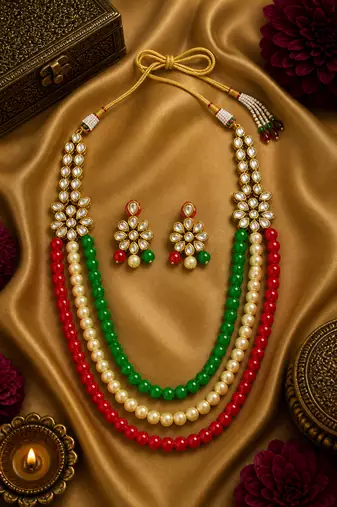 Pearl Beaded Multi Layer Kundan Necklace Set for Women