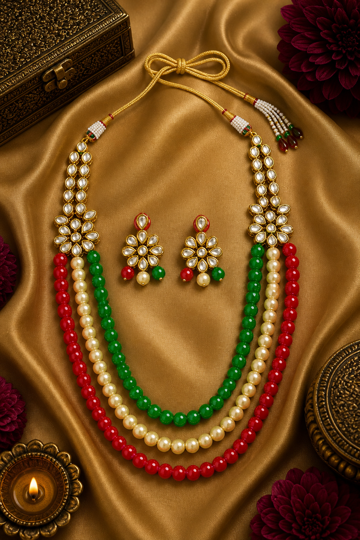 Pearl Beaded Multi Layer Kundan Necklace Set for Women