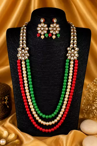 Pearl Beaded Multi Layer Kundan Necklace Set for Women