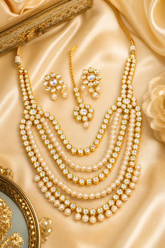 Designer layered pearl kundan necklace set for weddings