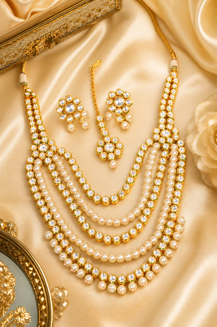 Designer layered pearl kundan necklace set for weddings