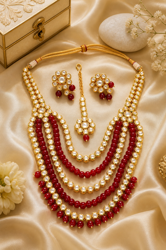 Designer Multi Strand Beaded Kundan Gold Plated Necklace Set