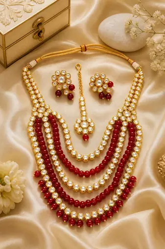 Designer Multi Strand Beaded Kundan Gold Plated Necklace Set