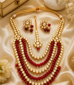Designer Multi Strand Beaded Kundan Gold Plated Necklace Set