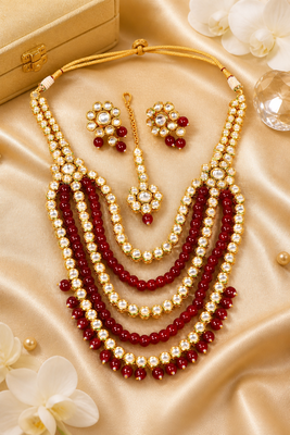 Designer Multi Strand Beaded Kundan Gold Plated Necklace Set 2