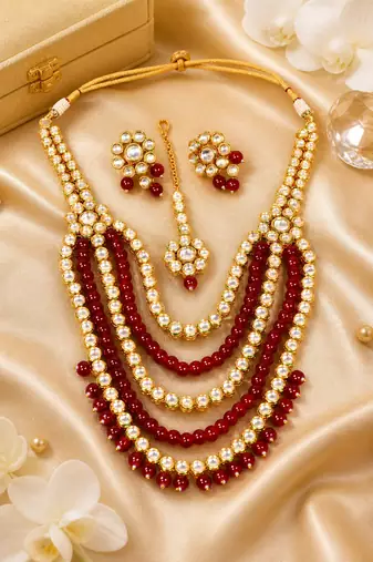 Designer Multi Strand Beaded Kundan Gold Plated Necklace Set