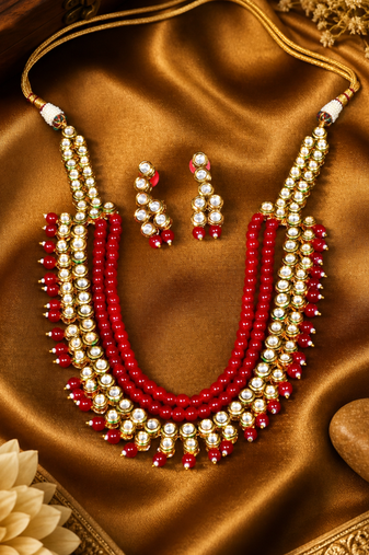 Multi Layer Moti Beaded Kundan Necklace Set Gold Plated