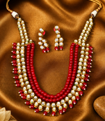 Multi Layer Moti Beaded Kundan Necklace Set Gold Plated
