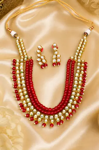 Multi Layer Moti Beaded Kundan Necklace Set Gold Plated