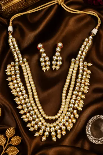 Party Wear Pearl Beaded Kundan Multi Layer Necklace Set