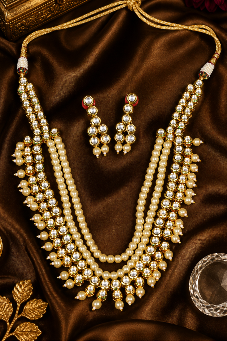Party Wear Pearl Beaded Kundan Multi Layer Necklace Set