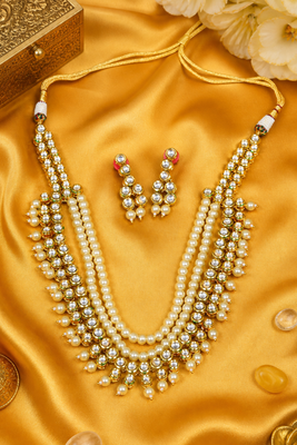 Party Wear Pearl Beaded Kundan Multi Layer Necklace Set 2