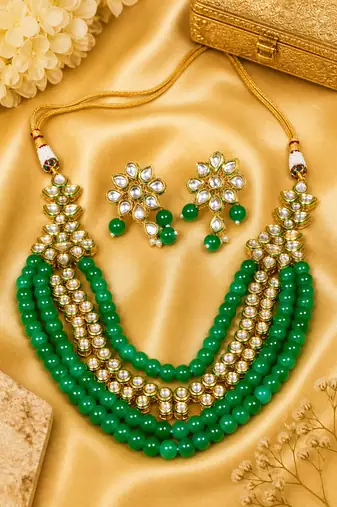 Beaded Kundan Gold Plated Necklace Set