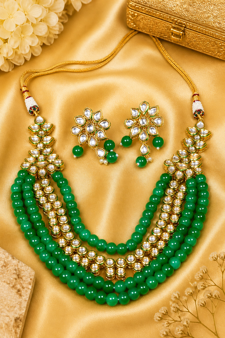 Beaded Kundan Gold Plated Necklace Set