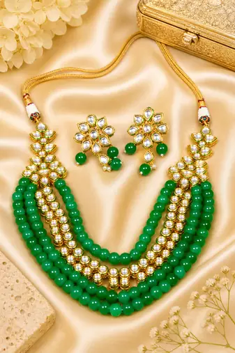 Beaded Kundan Gold Plated Necklace Set